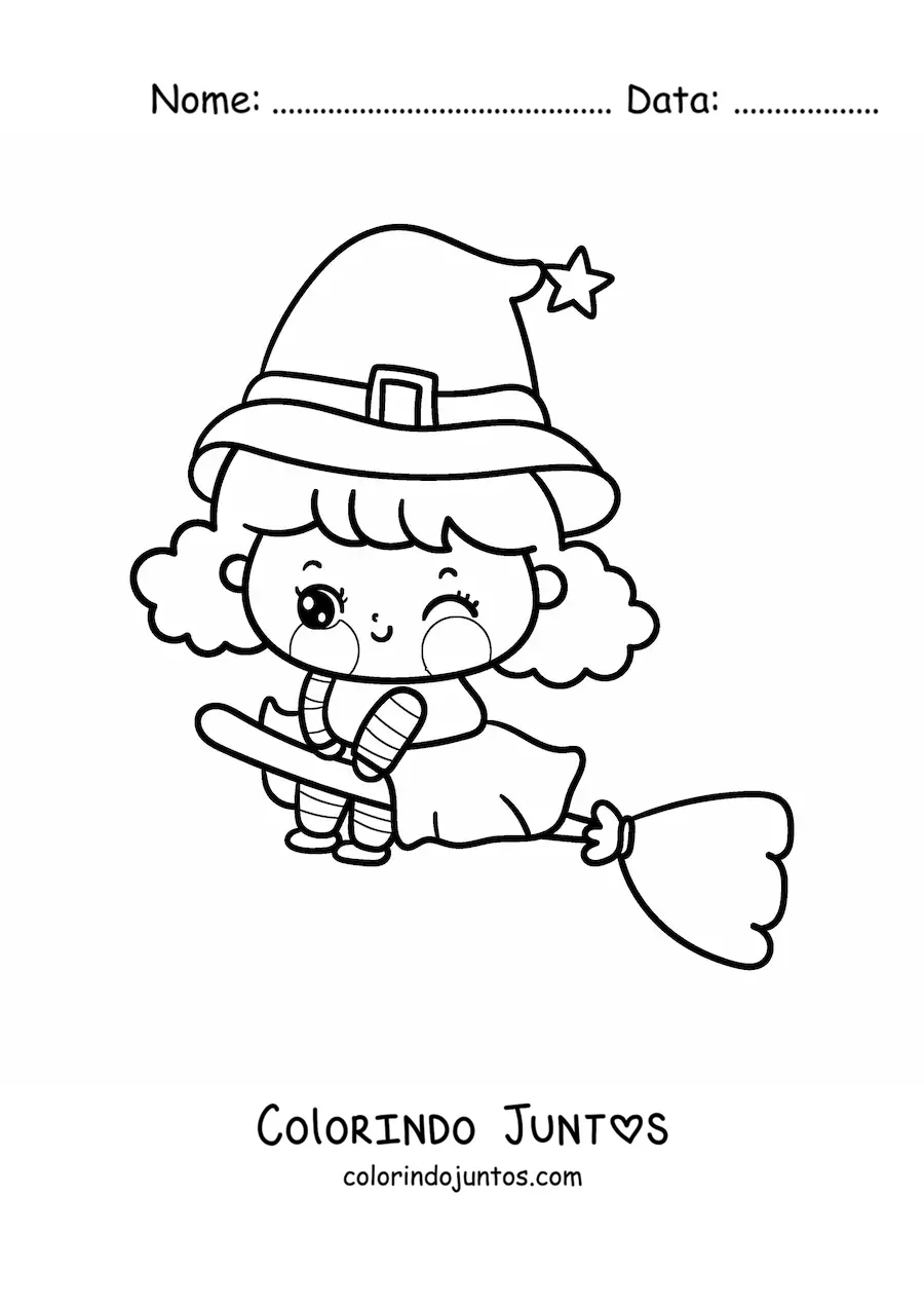Desenho para colorir de bruxinha kawaii voando
