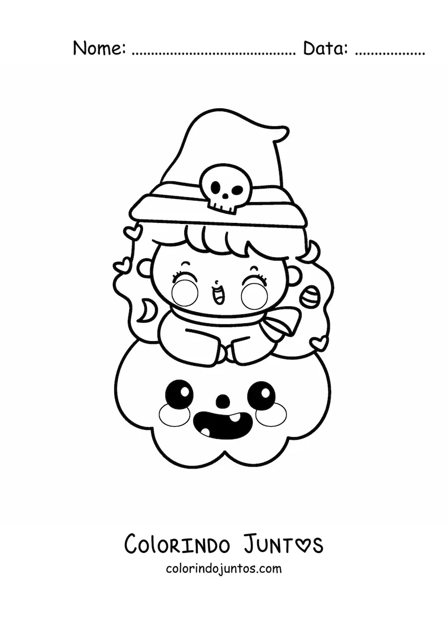 Desenho para colorir de bruxinha kawaii em uma abóbora de Halloween