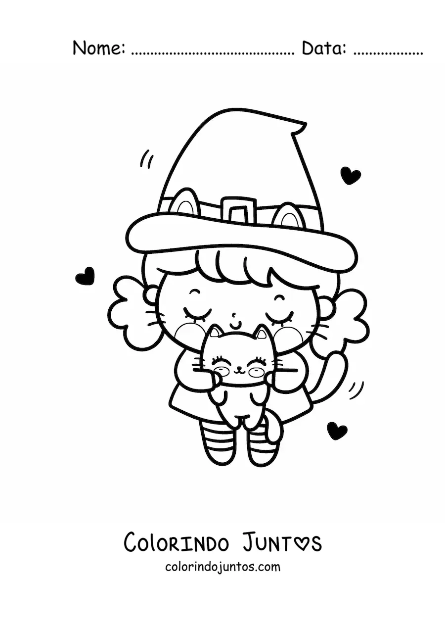 Desenho para colorir de bruxinha kawaii com gatinho fofo