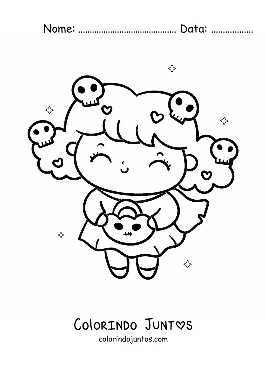 Desenho para colorir de menina kawaii fantasiada no Halloween