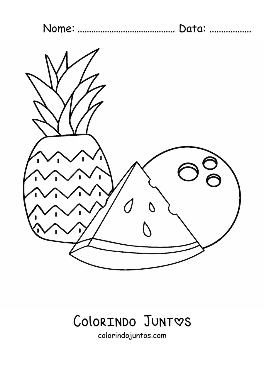 Desenho para colorir de um abacaxi com um pedaço de melancia e um coco