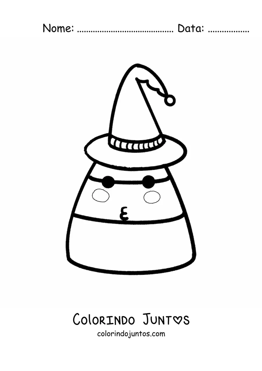 Desenho para colorir de doce de Halloween animado com chapéu de bruxa