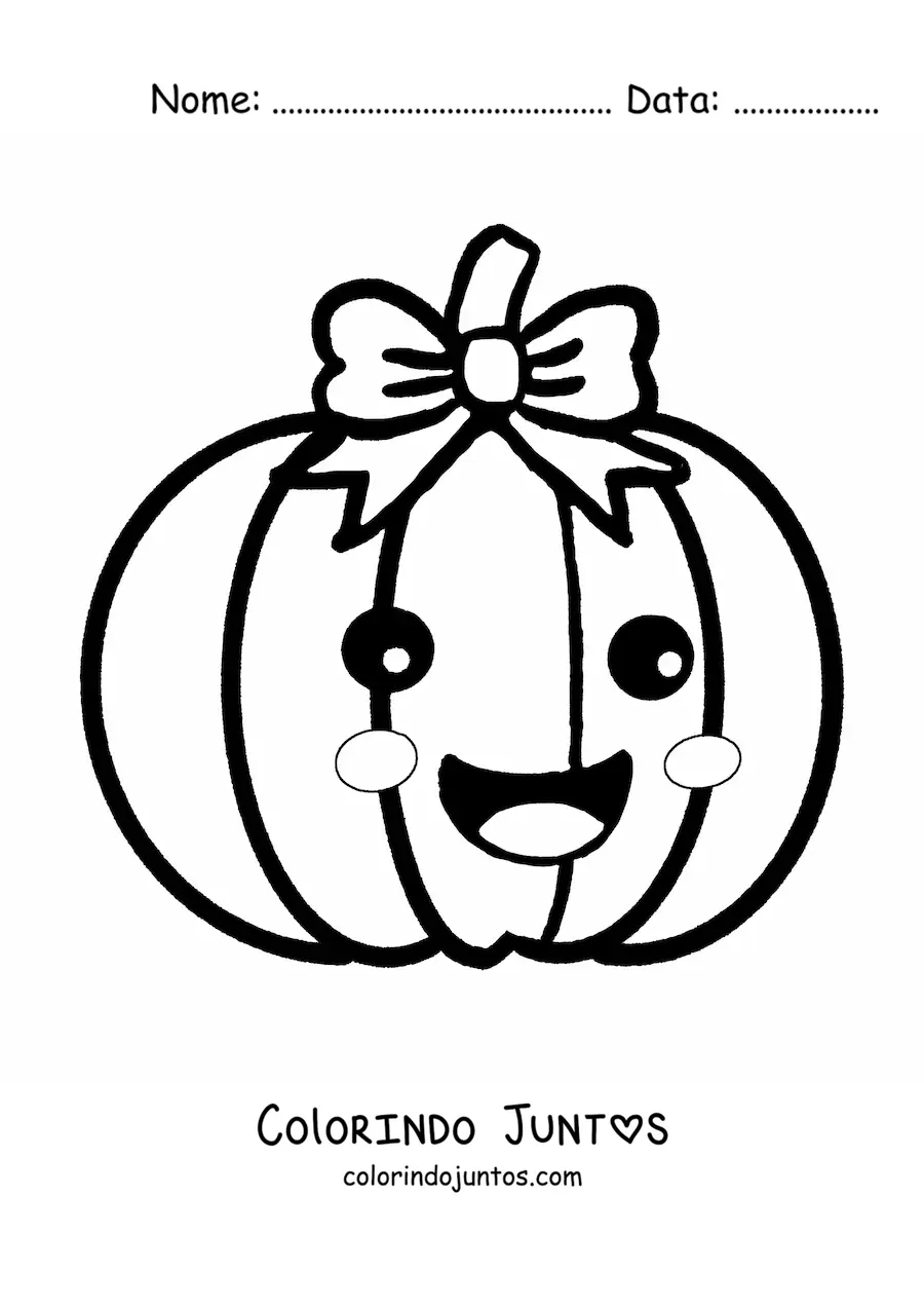 Desenho para colorir de abóbora kawaii animada com um laço