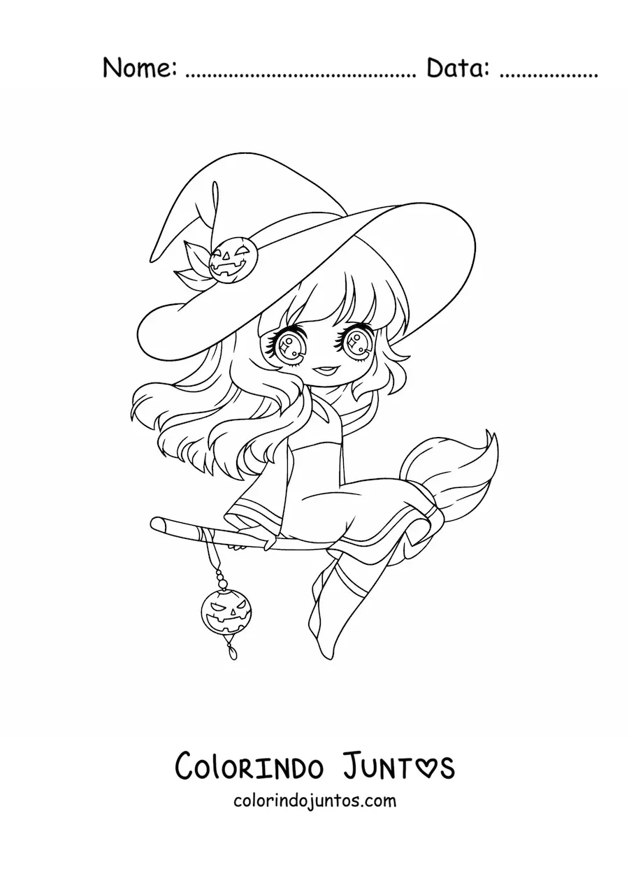 Desenho para colorir de bruxa kawaii estilo anime voando na vassoura