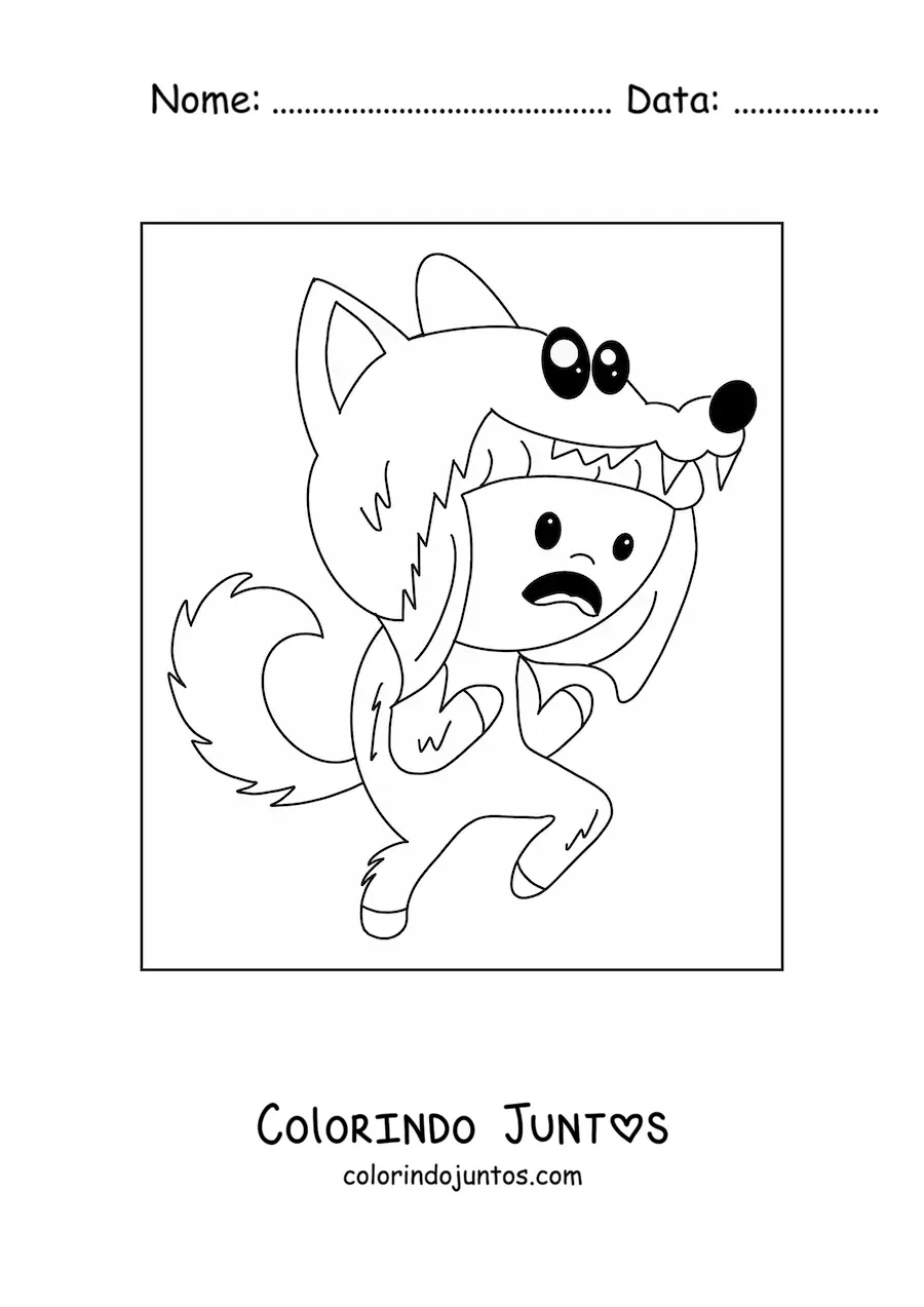 Desenho para colorir de menino fantasiado de lobisomem kawaii