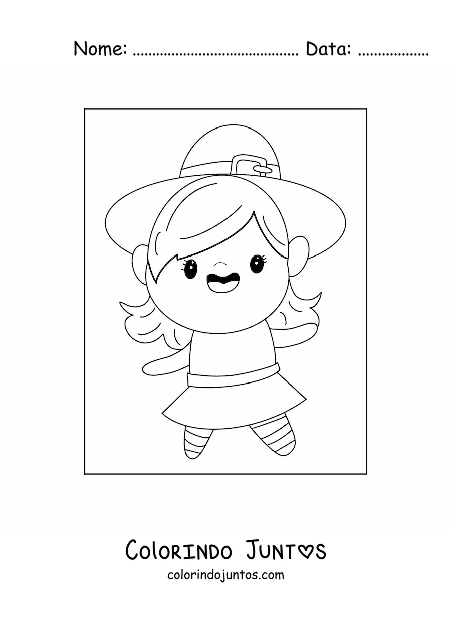 Desenho para colorir de menina fantasiada de bruxa fofa