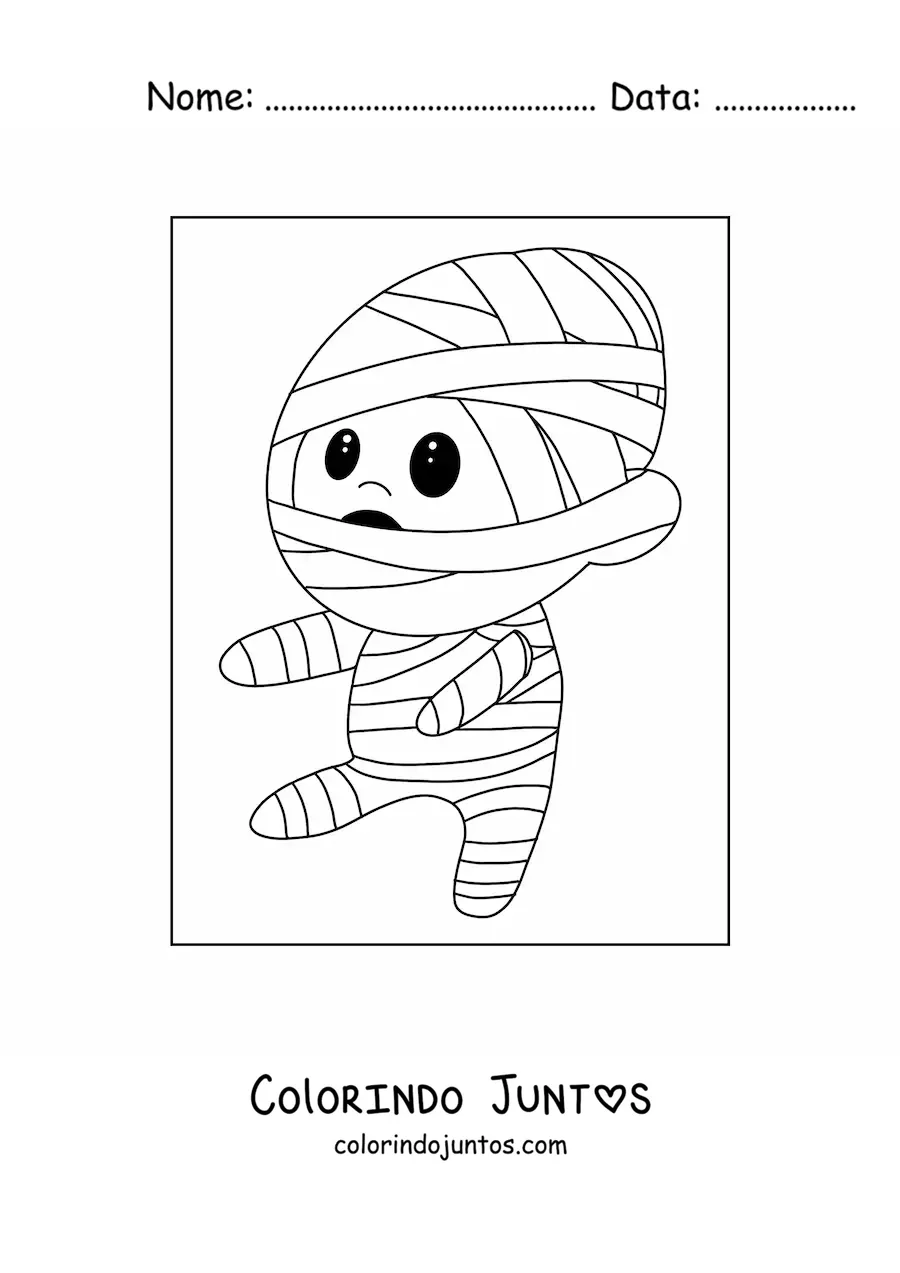 Desenho para colorir de menino fantasiado de múmia kawaii