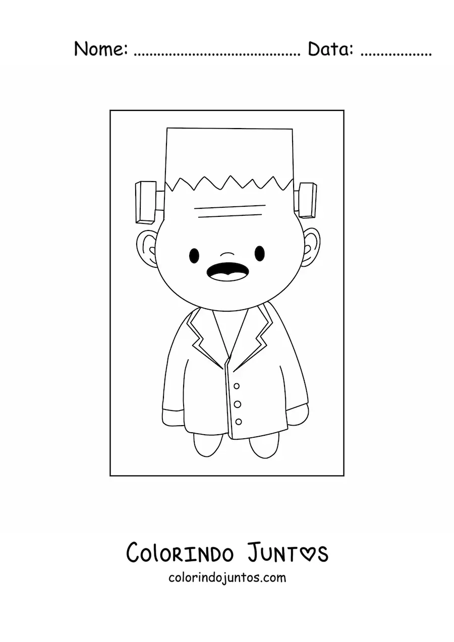 Desenho para colorir de menino fantasiado de Frankenstein kawaii