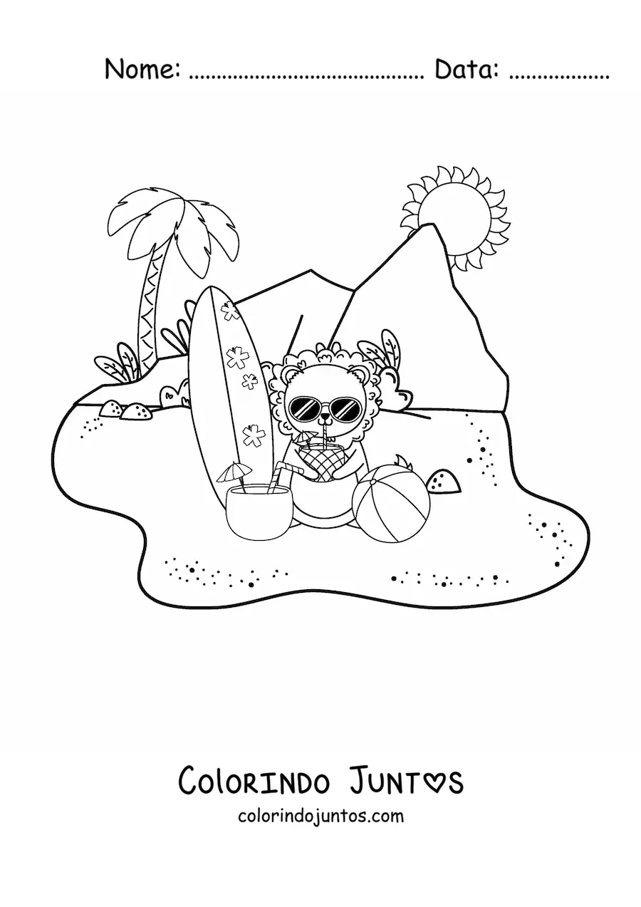 Desenho para colorir de um leão animado na praia tomando suco de abacaxi