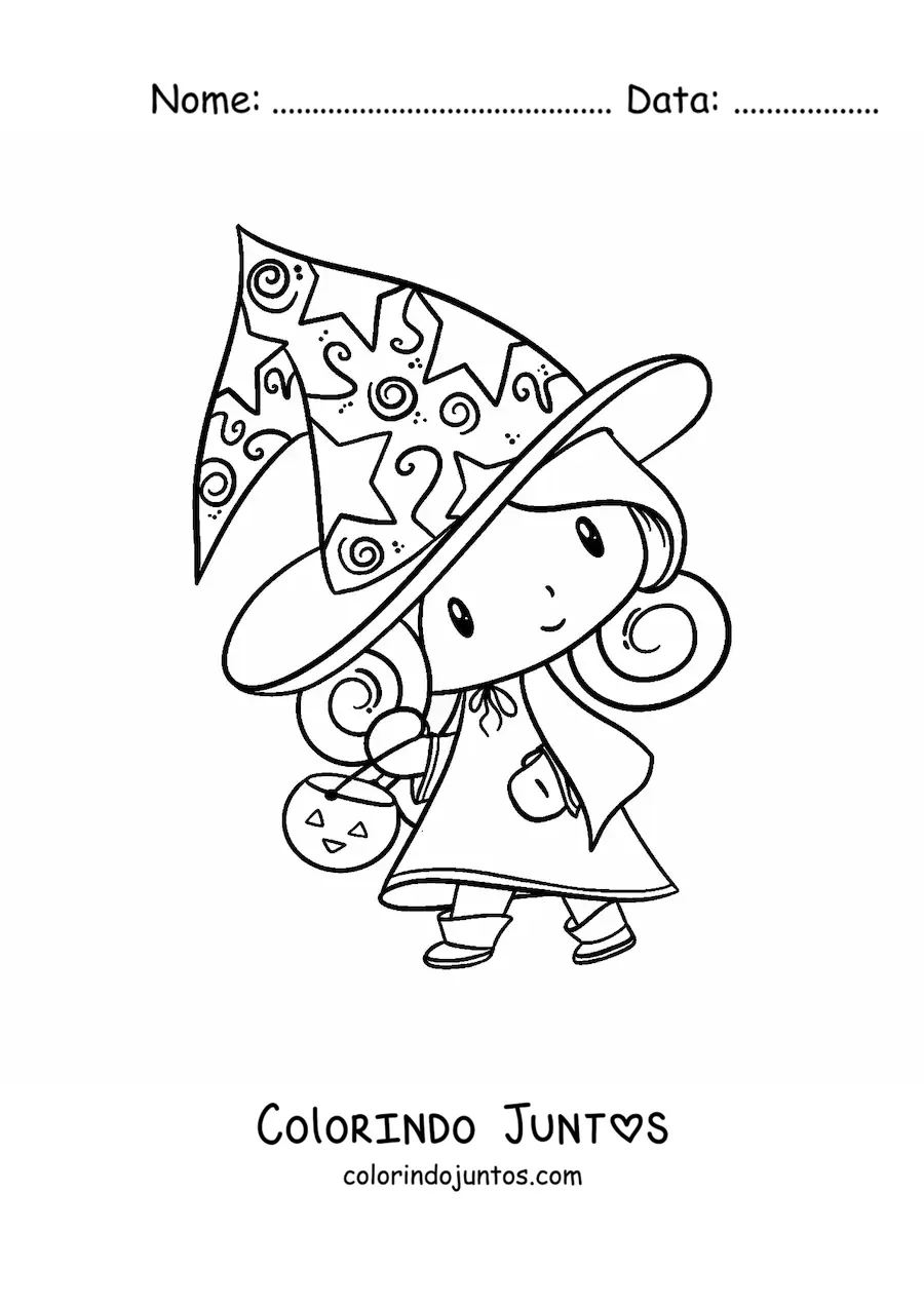 Desenho para colorir de bruxa kawaii
