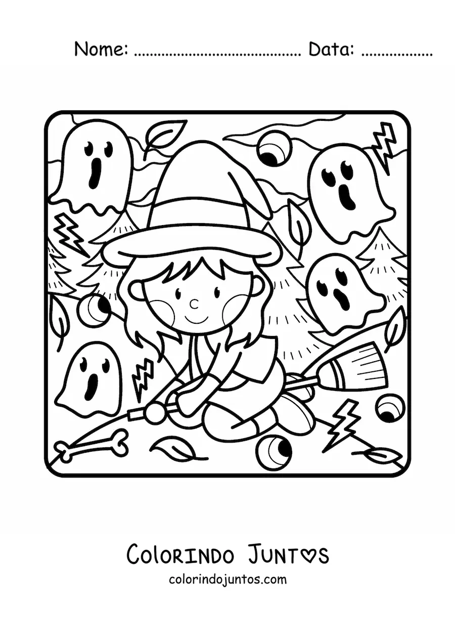 Desenho para colorir de bruxa kawaii voando na vassoura