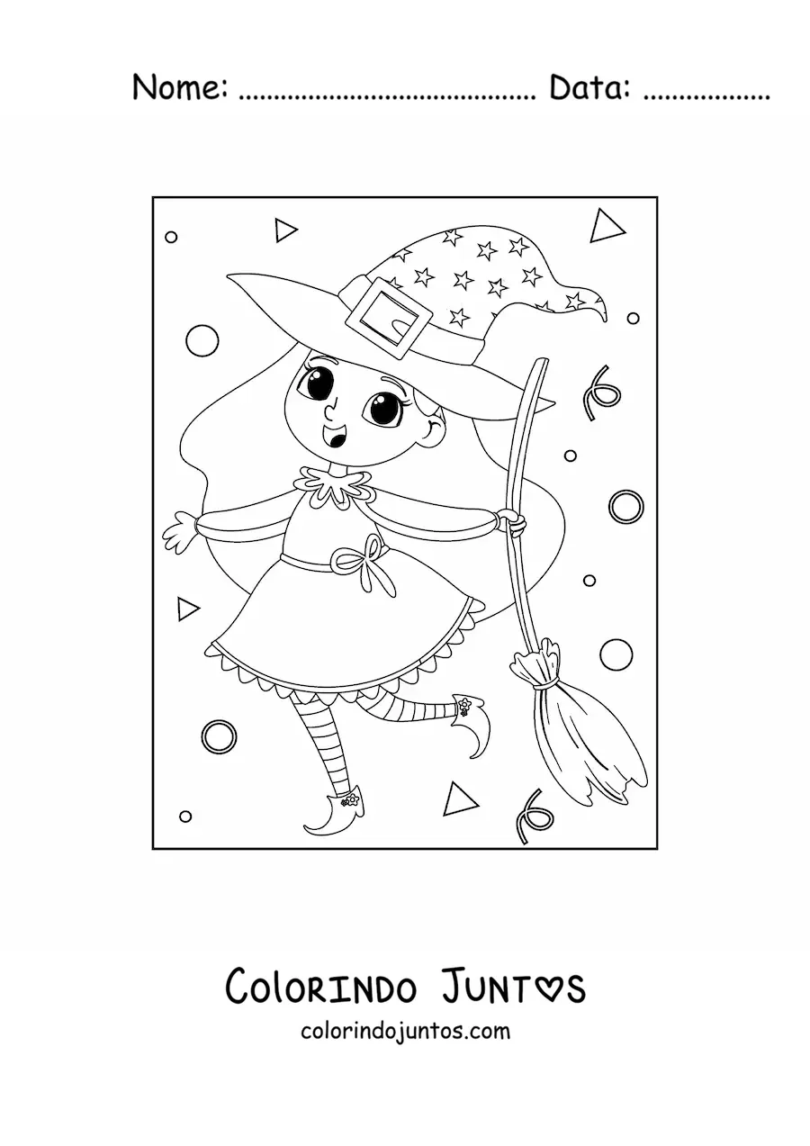 Desenho para colorir de bruxa bonita com vassoura