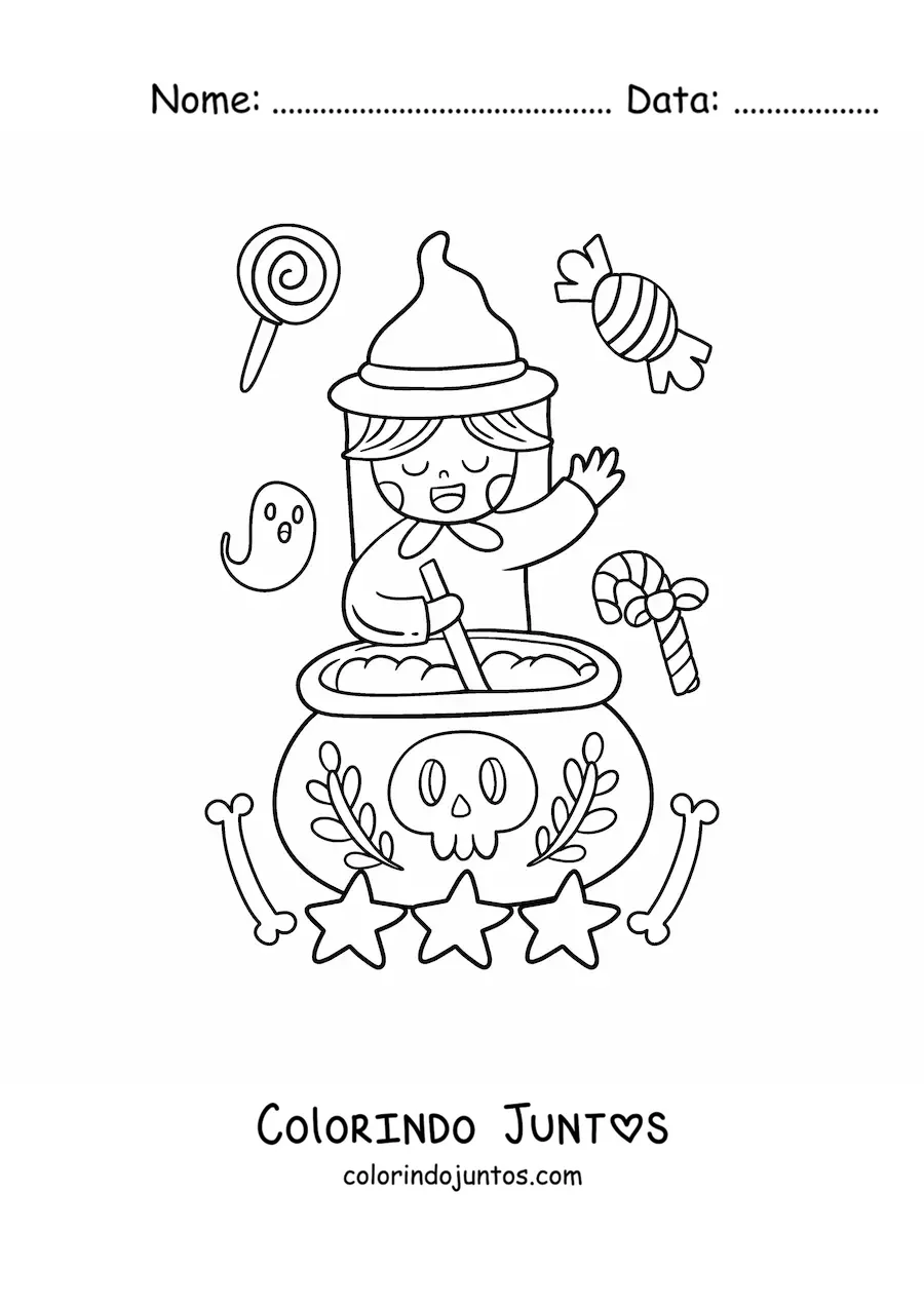 Desenho para colorir de bruxa kawaii com caldeirão