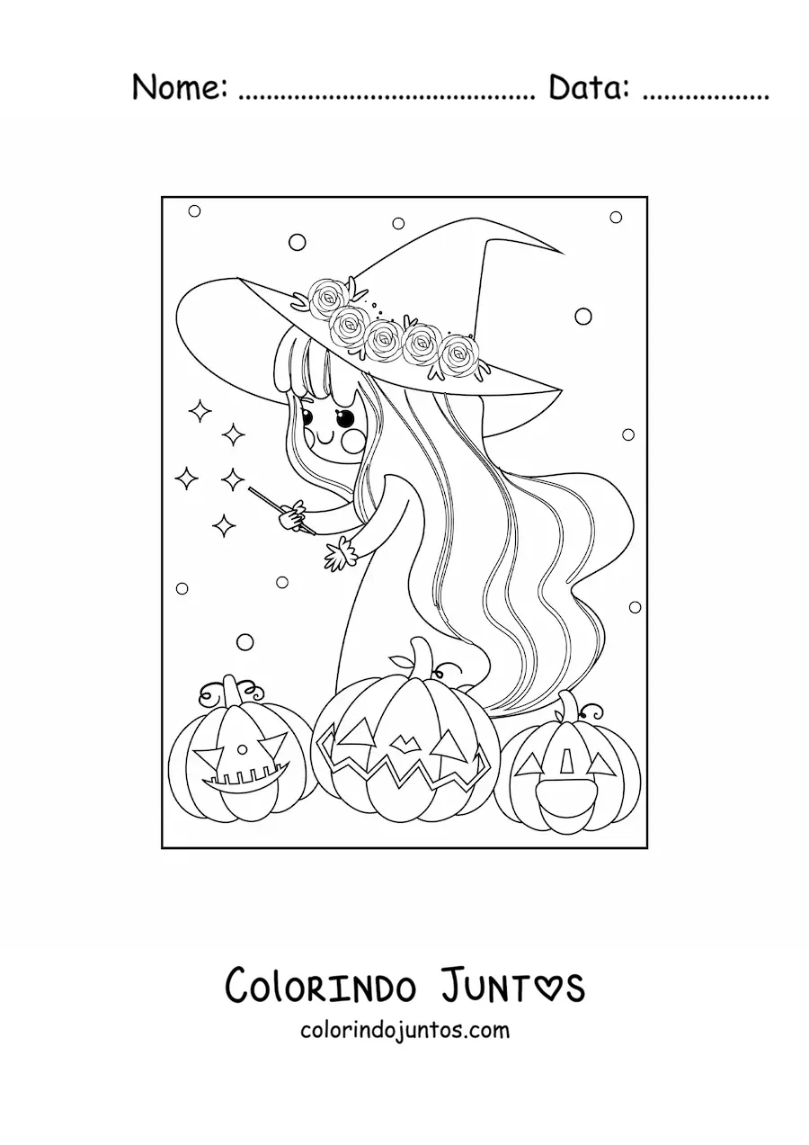 Desenho para colorir de bruxa kawaii com abóboras de Halloween