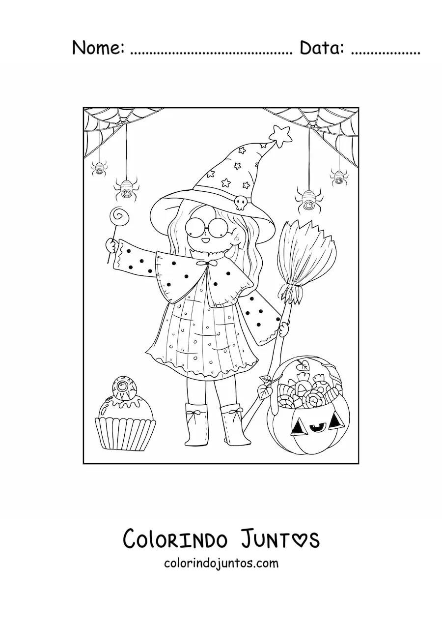 Desenho para colorir de bruxa de Halloween kawaii com doces