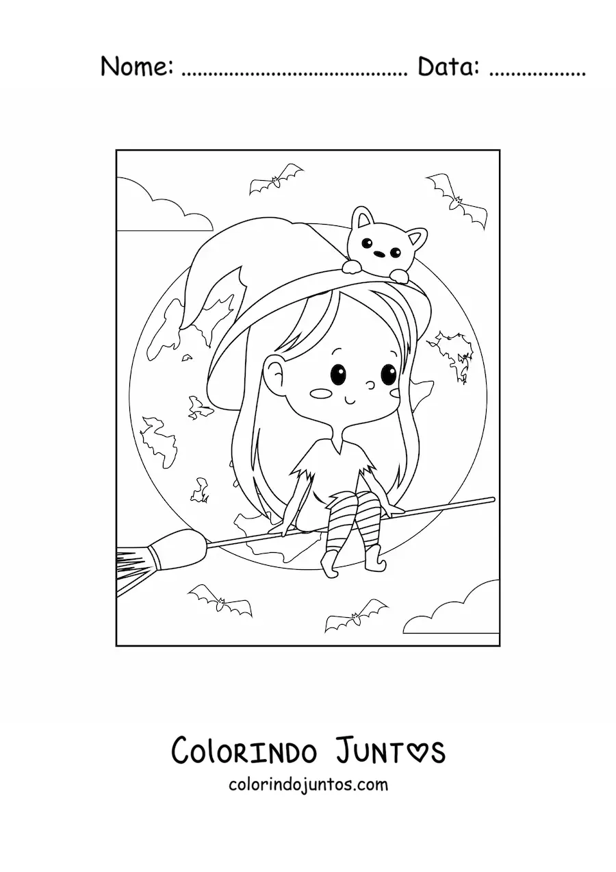 Desenho para colorir de bruxa de Halloween kawaii voando na vassoura com gato
