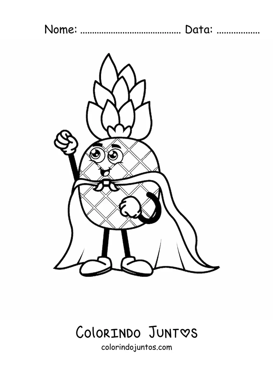 Desenho para colorir de um abacaxi animado com capa