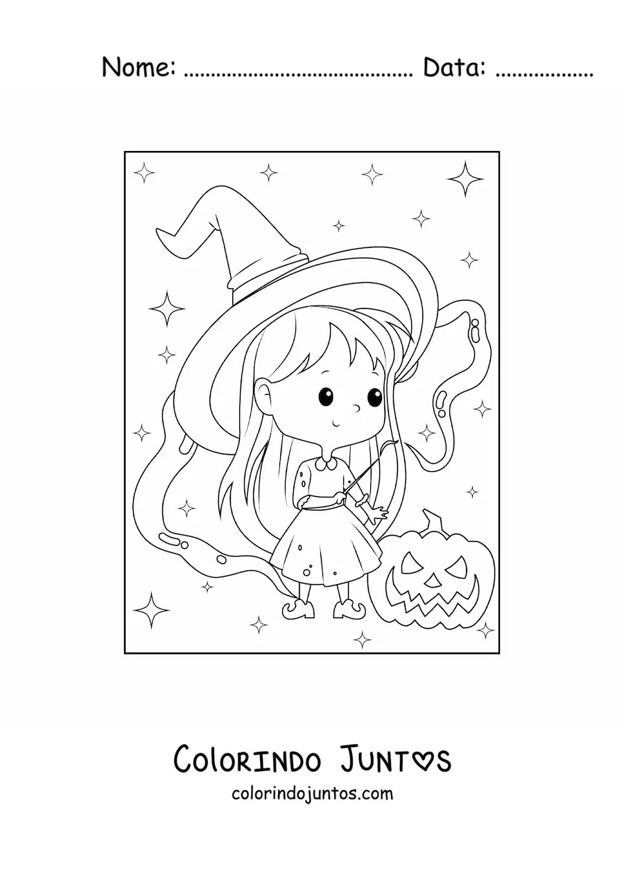 Desenho para colorir de bruxa de Halloween kawaii com abóbora