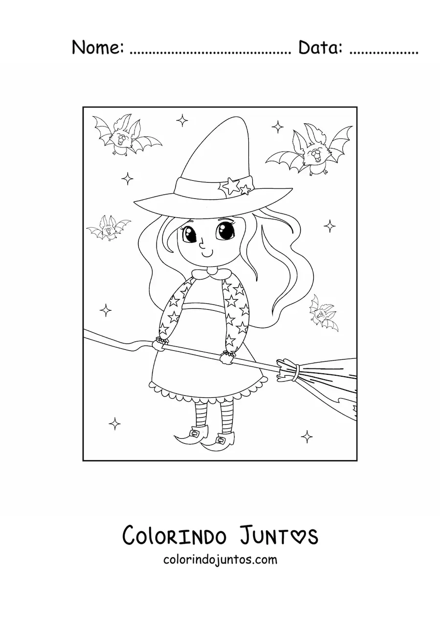 Desenho para colorir de bruxinha kawaii com vassoura e morcegos