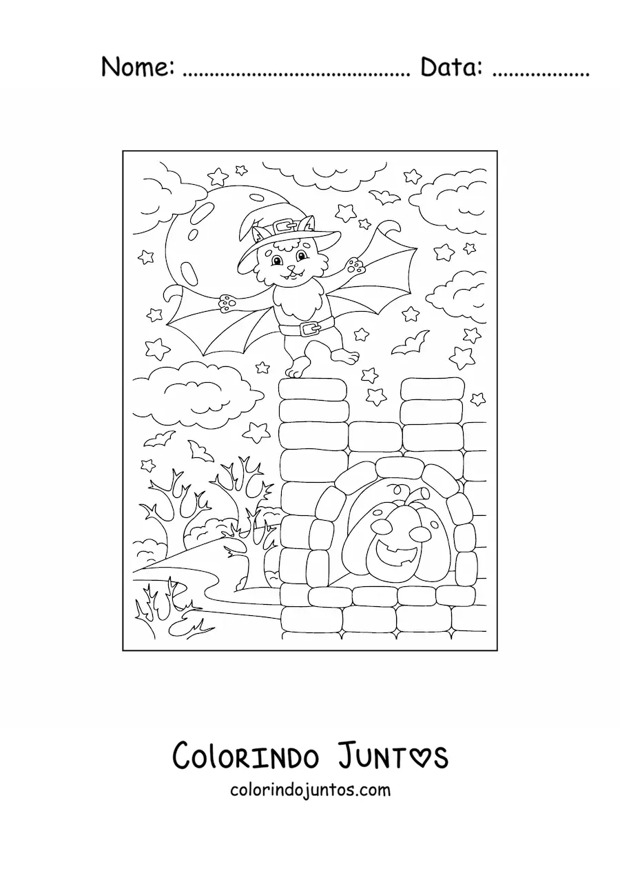 Desenho para colorir de gato fantasiado de morcego kawaii com abóbora de Halloween