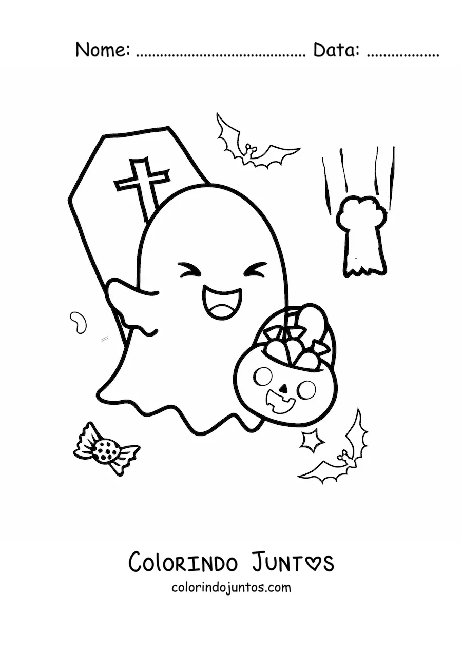Desenho para colorir de fantasma kawaii com doces de Halloween