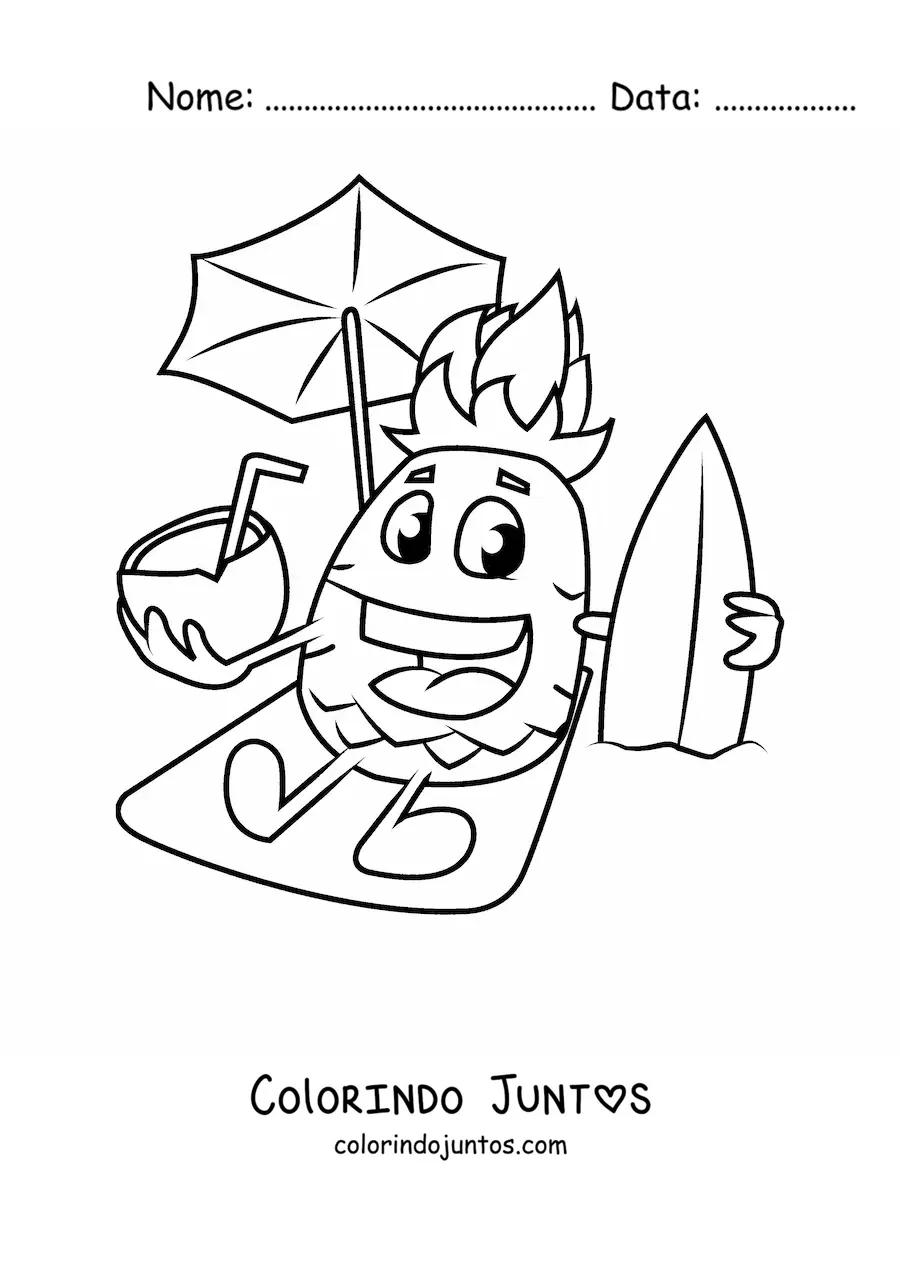 Desenho para colorir de um abacaxi animado na praia com um coco na mão