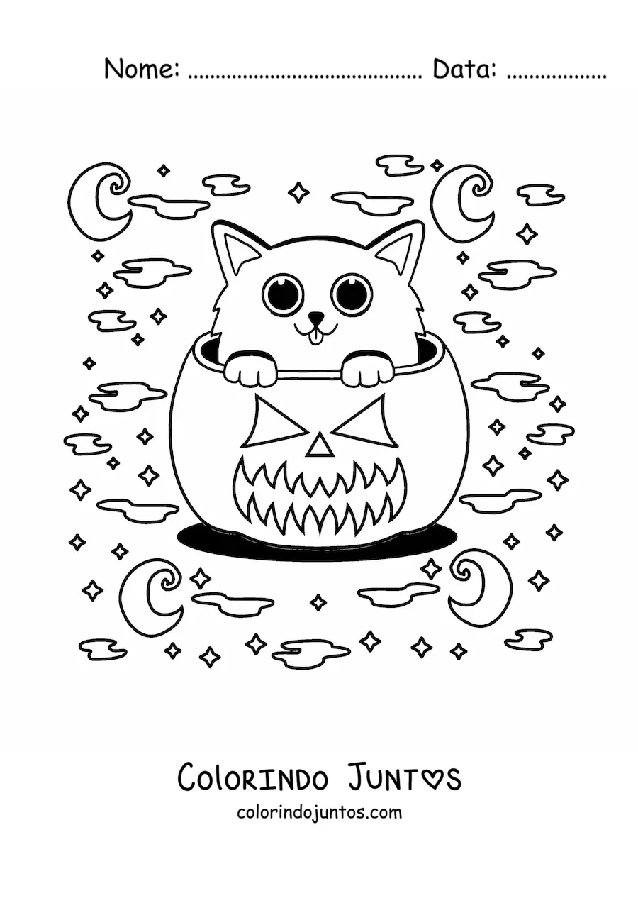 Desenho para colorir de gato kawaii em abóbora de Halloween