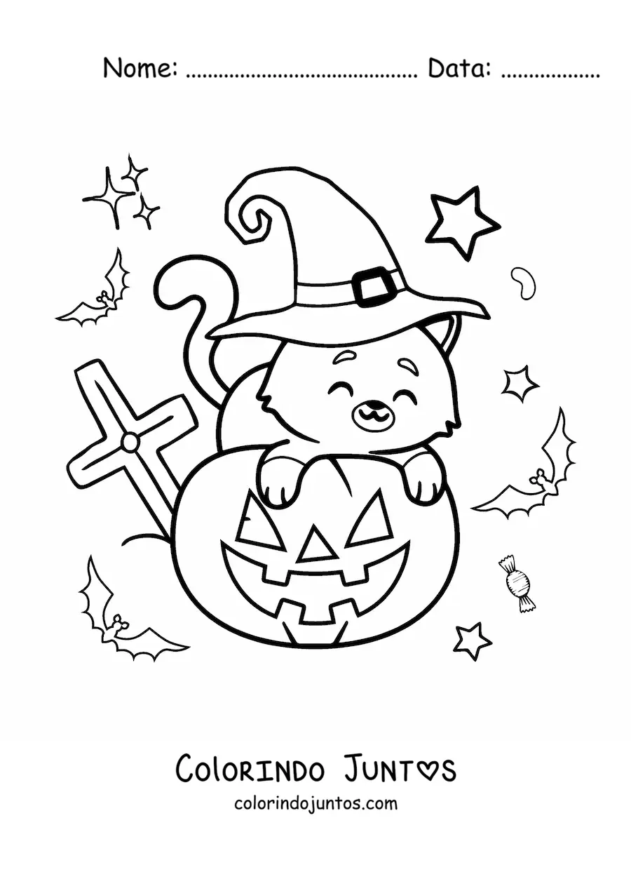 Desenho para colorir de gato kawaii com chapéu de bruxa e abóbora de Halloween
