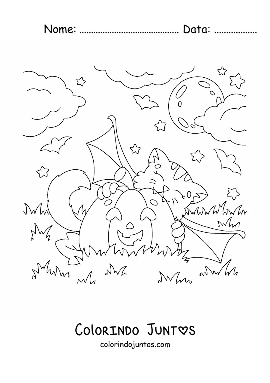 Desenho para colorir de gato kawaii mordendo uma abóbora de Halloween
