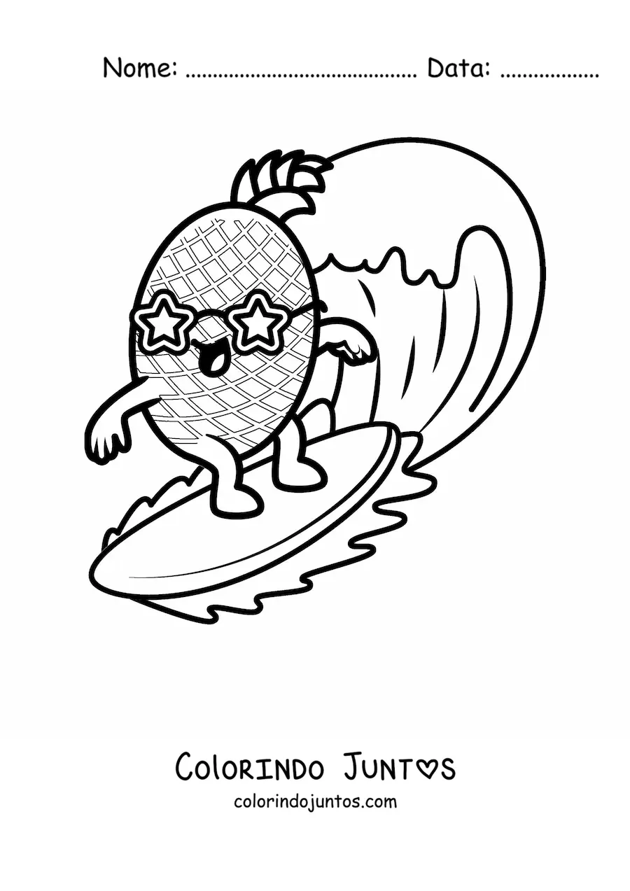 Desenho para colorir de um abacaxi animado surfando com óculos em formato de estrela