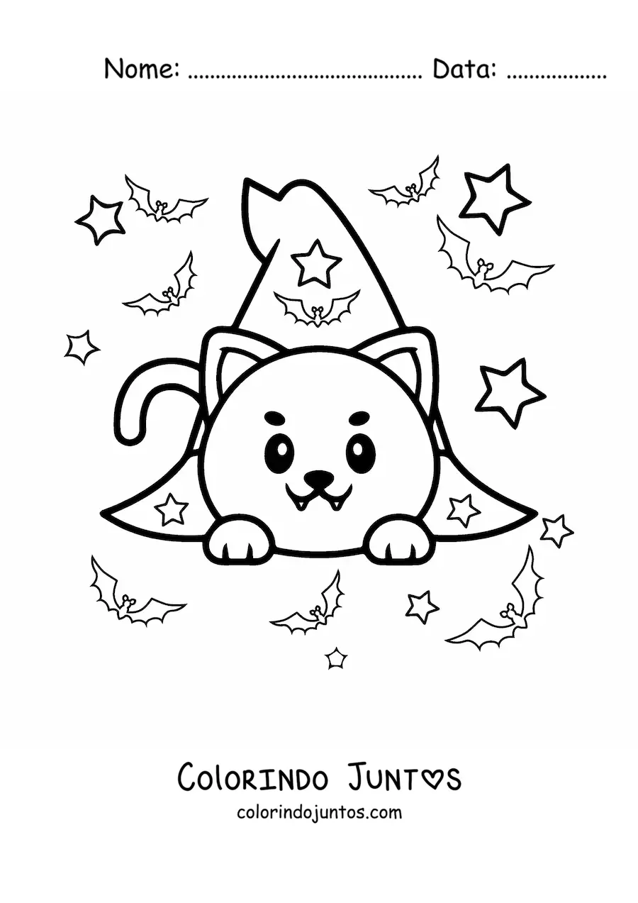 Desenho para colorir de gato kawaii em chapéu de bruxa