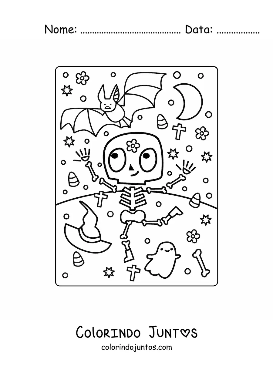 Desenho para colorir de esqueleto infantil dançando no Halloween