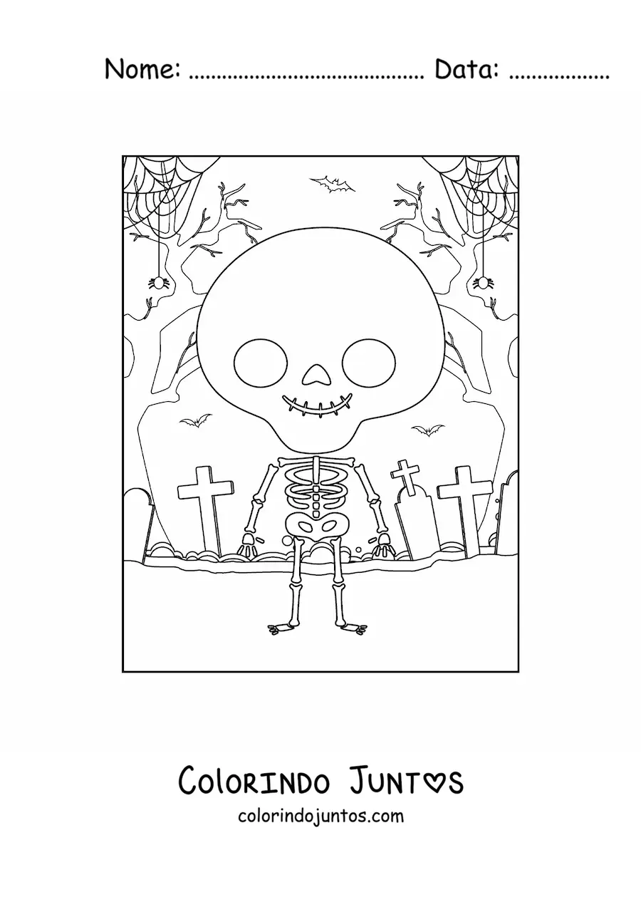 Desenho para colorir de esqueleto humano animado na noite de Halloween