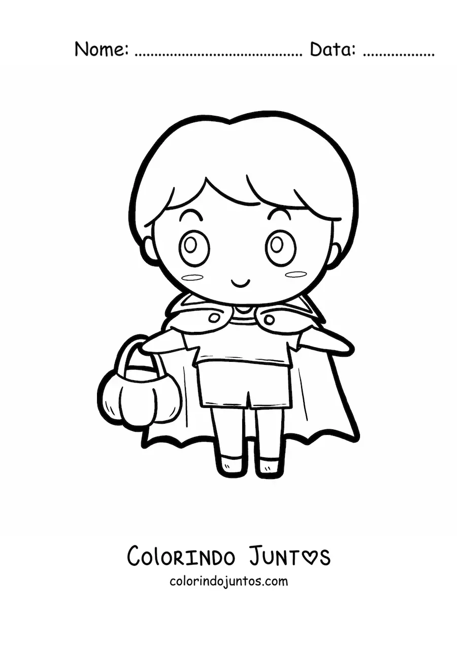 Desenho para colorir de menino kawaii fantasiado do conde Drácula
