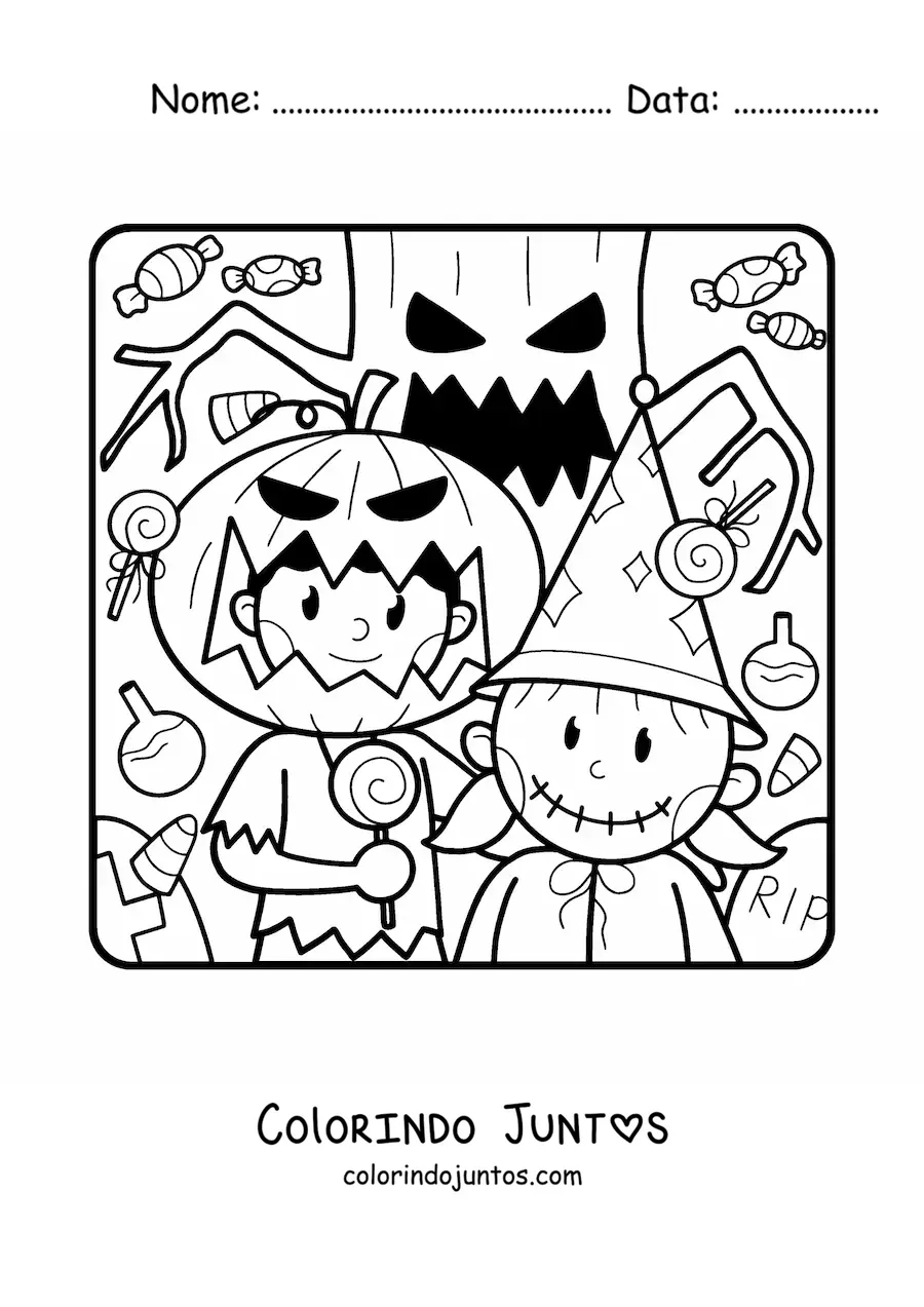 Desenho para colorir de crianças fantasiadas de monstros no Halloween