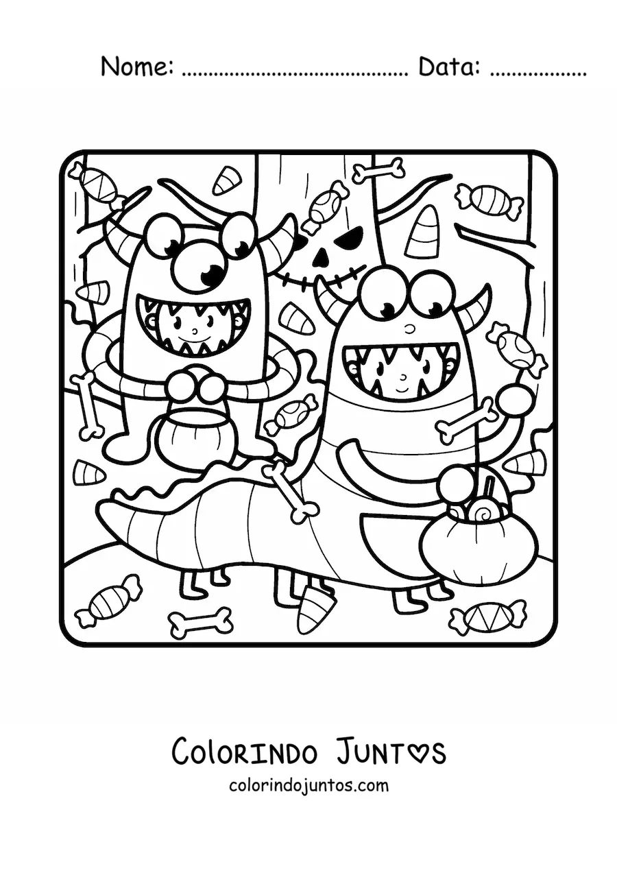 Desenho para colorir de crianças fantasiadas de monstros em festa de Halloween