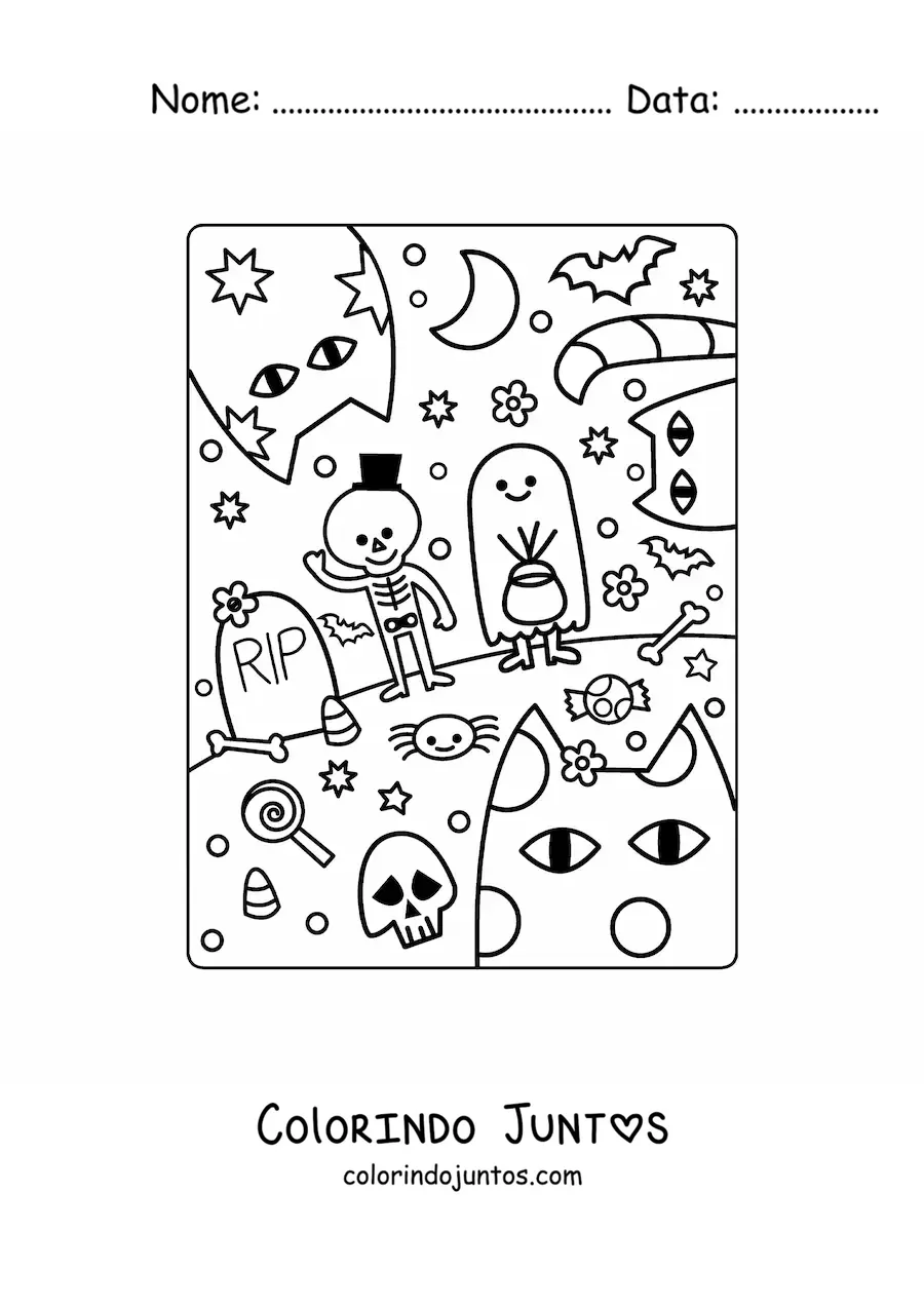 Desenho para colorir de crianças fantasiadas de fantasma e esqueleto em festa de Halloween