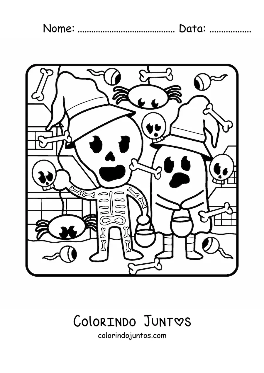 Desenho para colorir de crianças fantasiadas de fantasma e esqueleto no Halloween