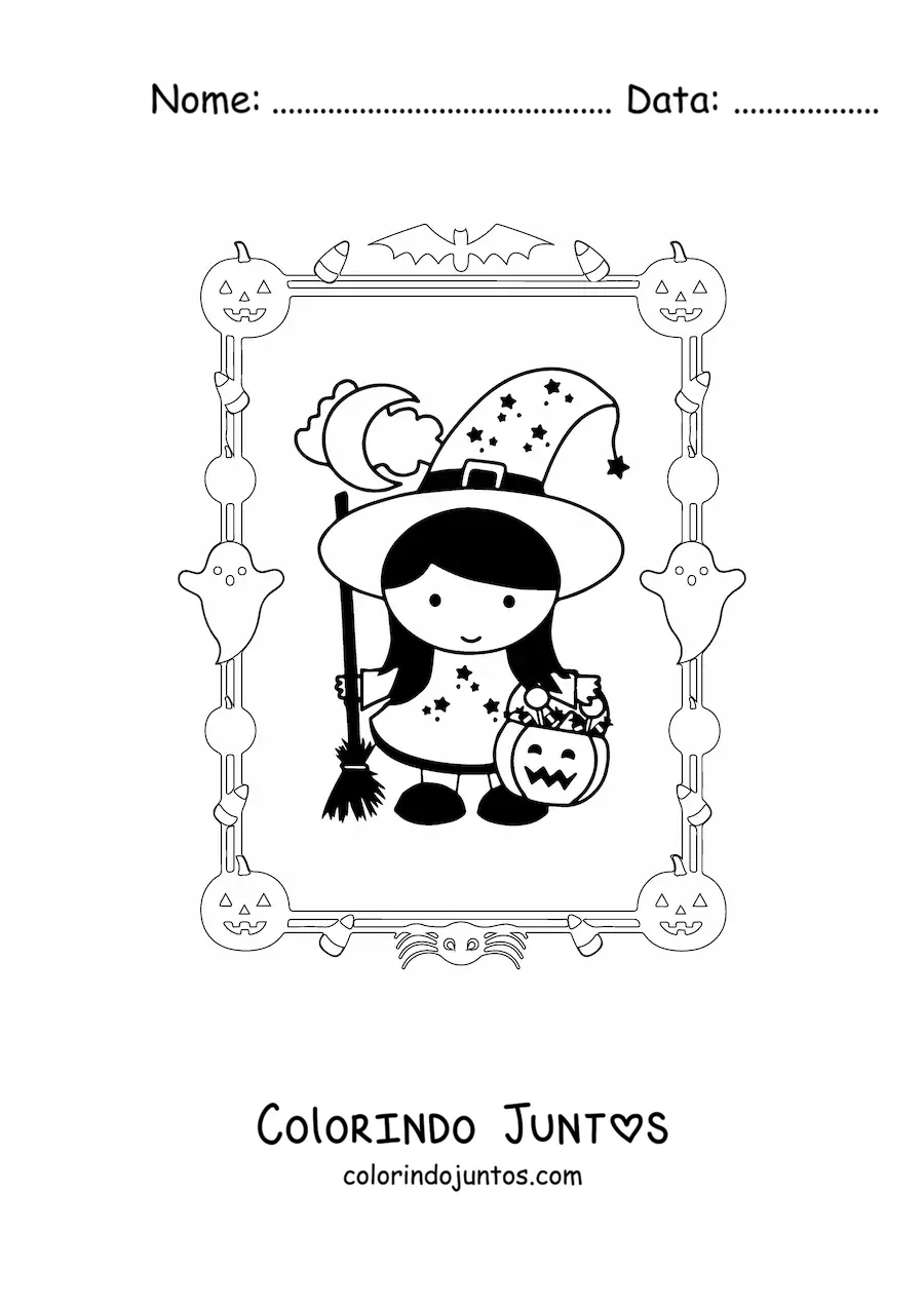 Desenho para colorir de menina fantasiada de bruxinha
