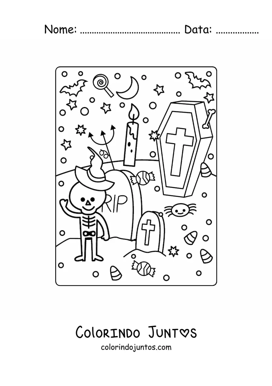 Desenho para colorir de cemitério com esqueleto kawaii de Halloween