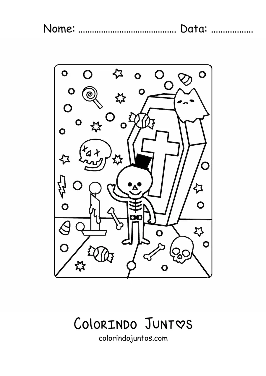 Desenho para colorir de túmulo com esqueleto kawaii de Halloween