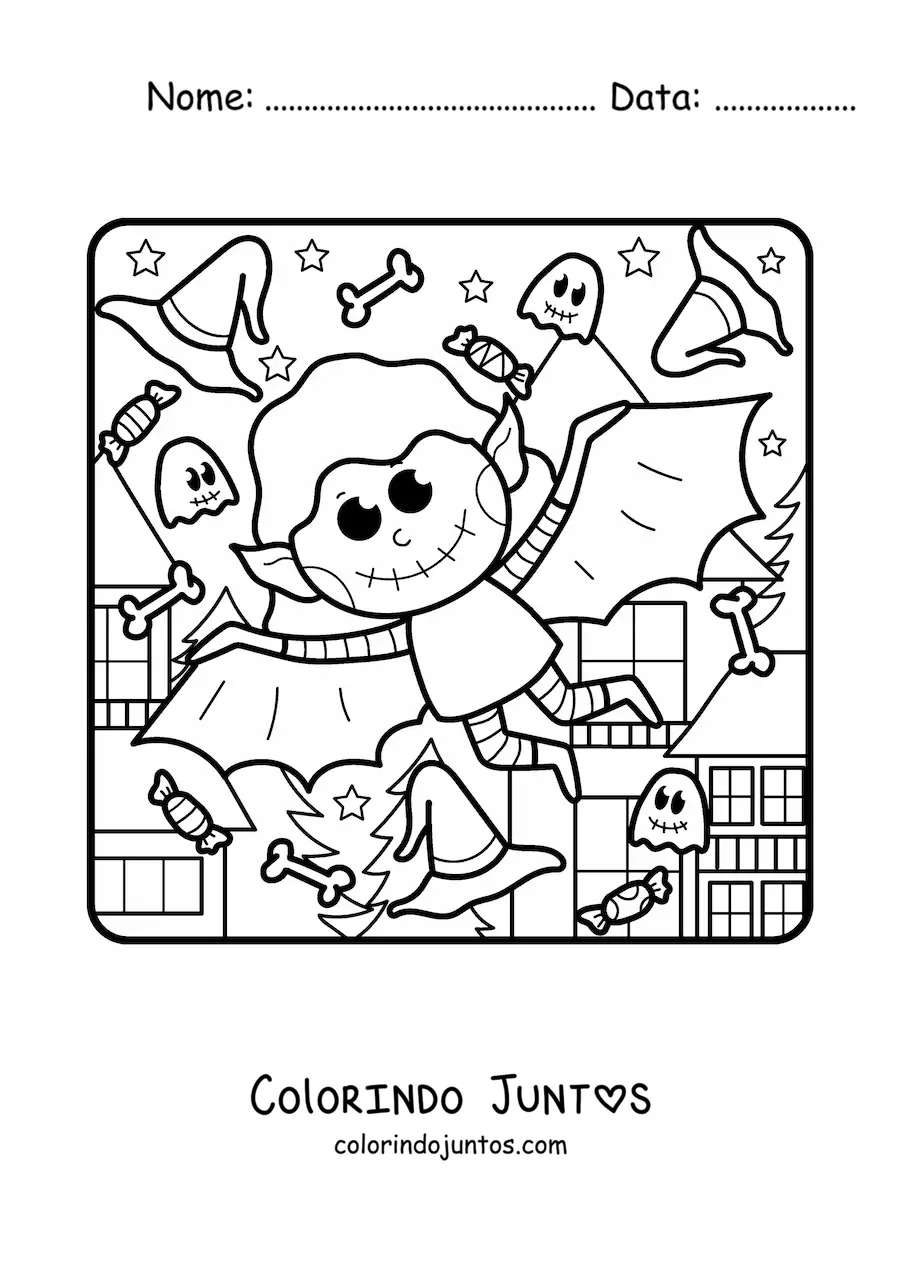 Desenho para colorir de morcego vampiro kawaii no Halloween