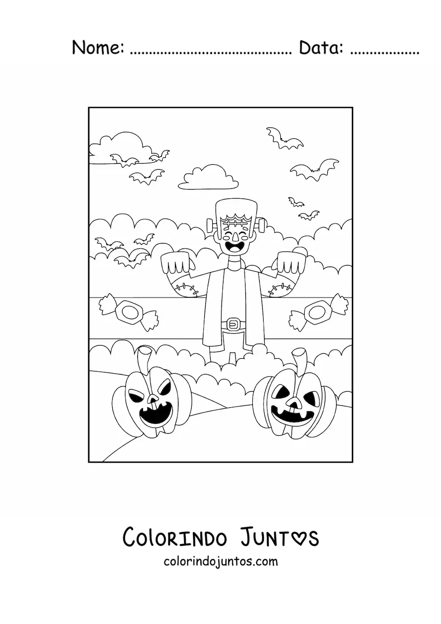 Desenho para colorir de frankenstein animado kawaii com morcegos e abóbora de Halloween