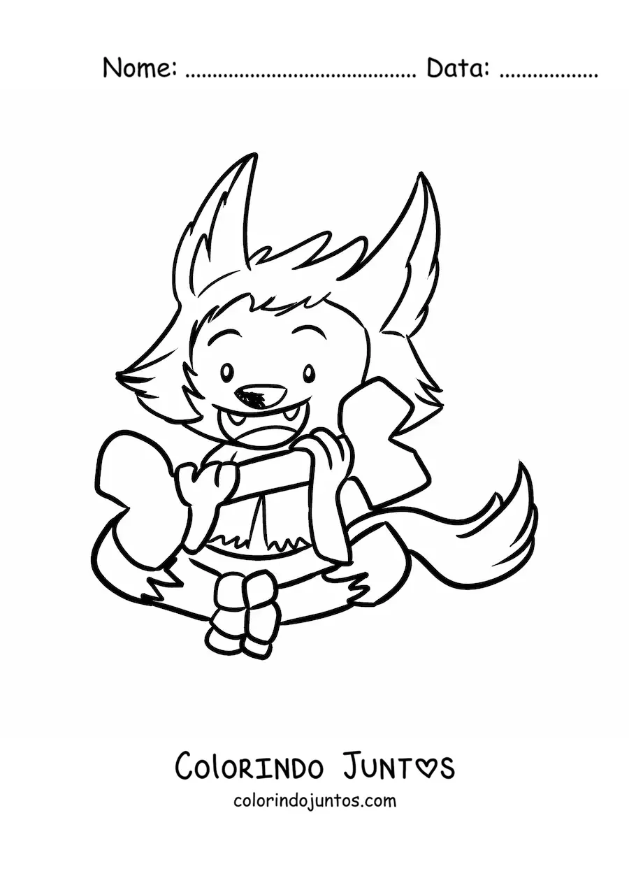 Desenho para colorir de lobisomem kawaii com um osso