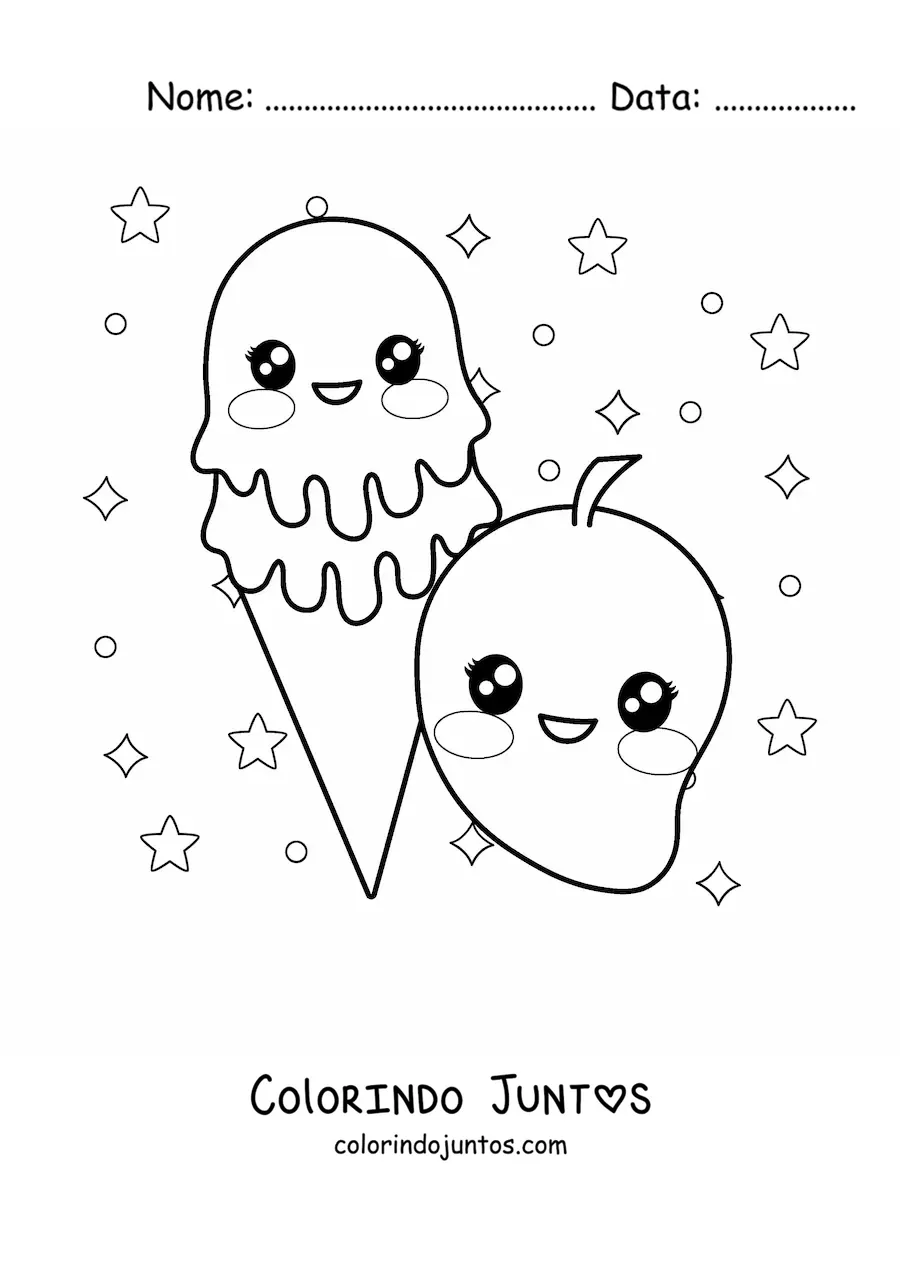 Desenho para colorir de um sorvete de manga kawaii com uma manga ao lado e estrelas ao fundo