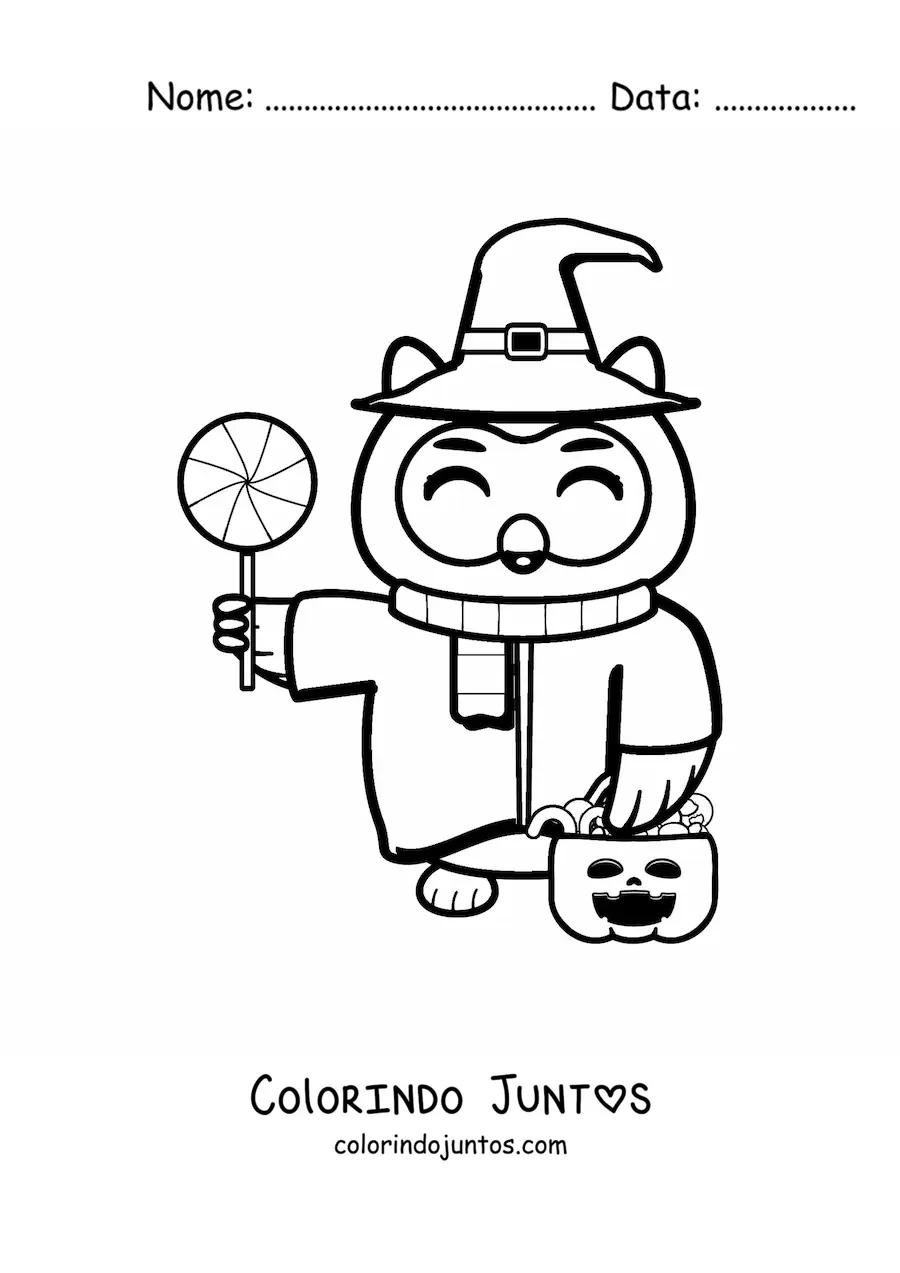 Desenho para colorir de coruja kawaii de Halloween com doces e chapéu de bruxa