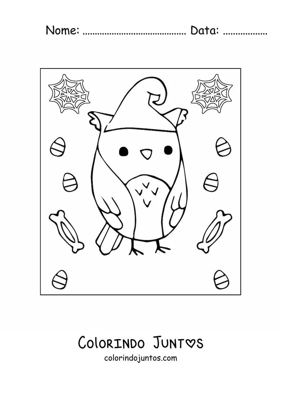 Desenho para colorir de coruja kawaii de Halloween com chapéu