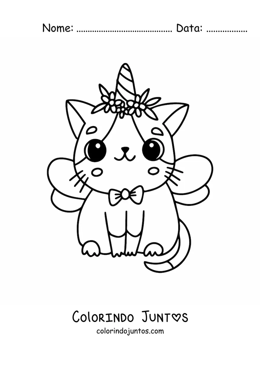 Desenho para colorir de gaticórnio kawaii com asas
