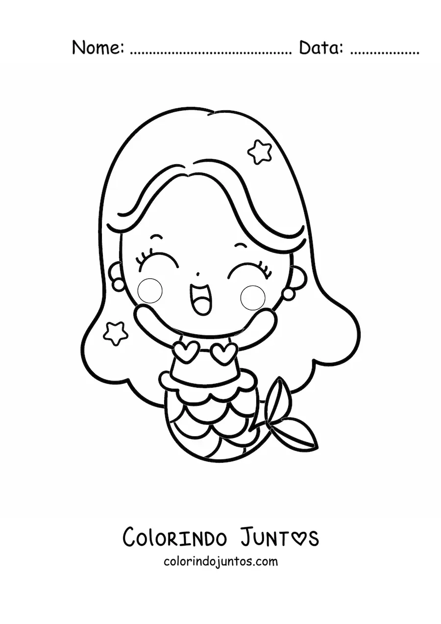 Desenho para colorir de sereia kawaii fácil