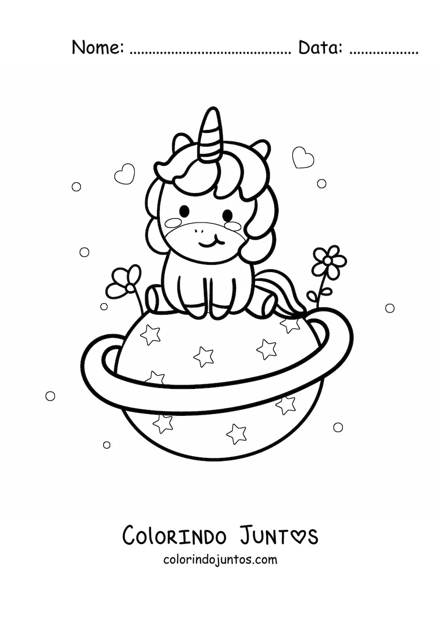 Desenho para colorir de unicórnio kawaii sentado em um planeta